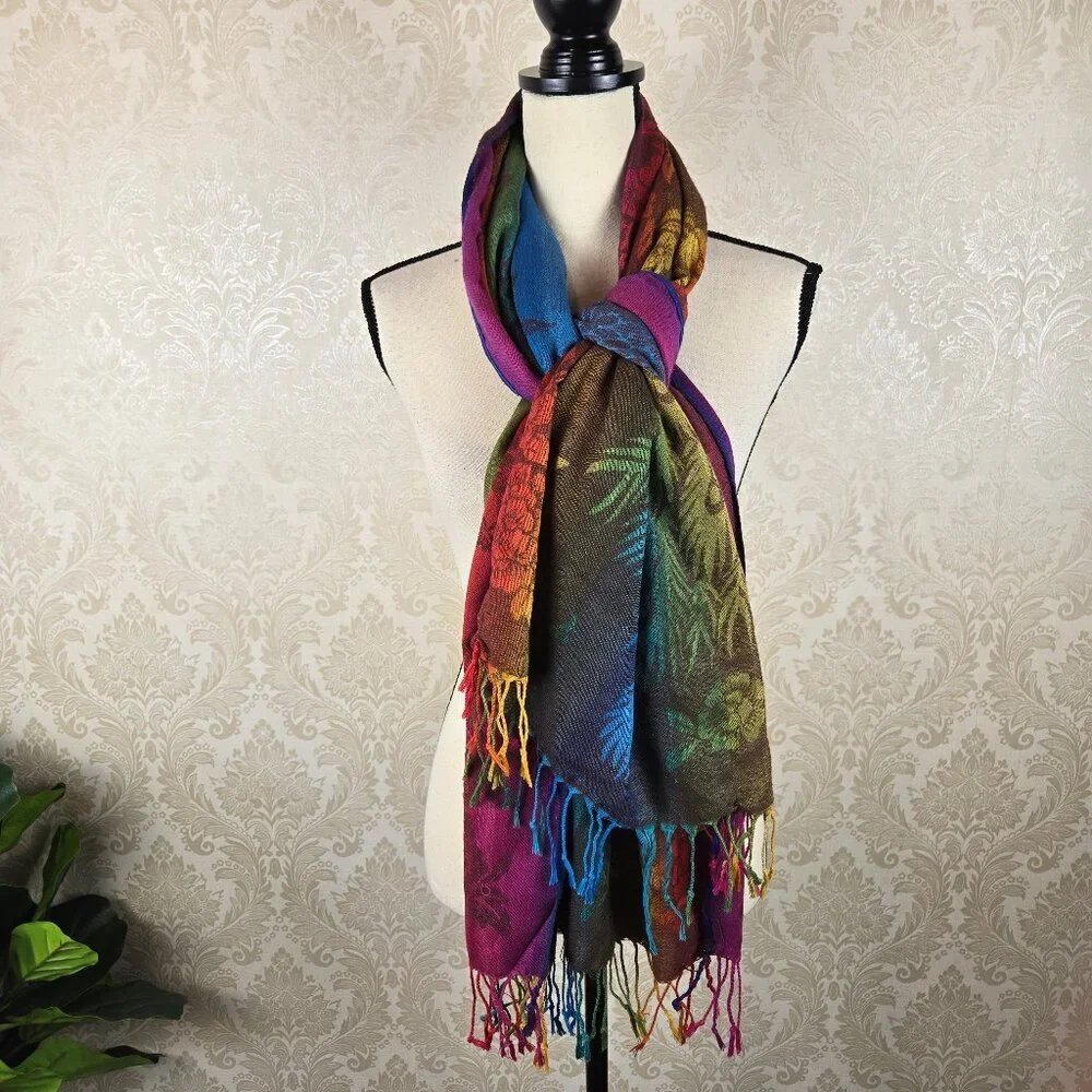 Mulitcolor Rainbow Peacock Floral Themed Oblong Scarf Fringed Ends Lightweight